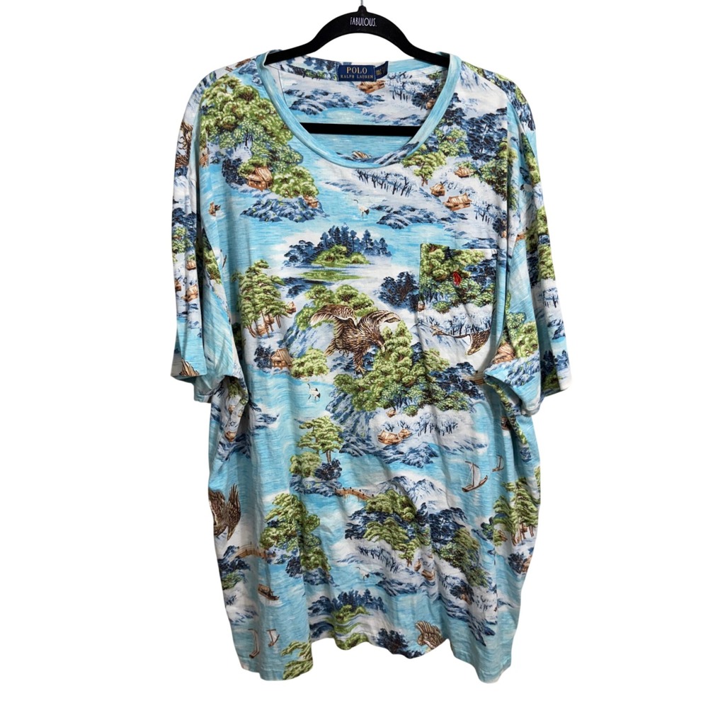 Polo Ralph Lauren Men 3XLT Blue Japanese Scenic Eagle Landscape Pocket T-Shirt